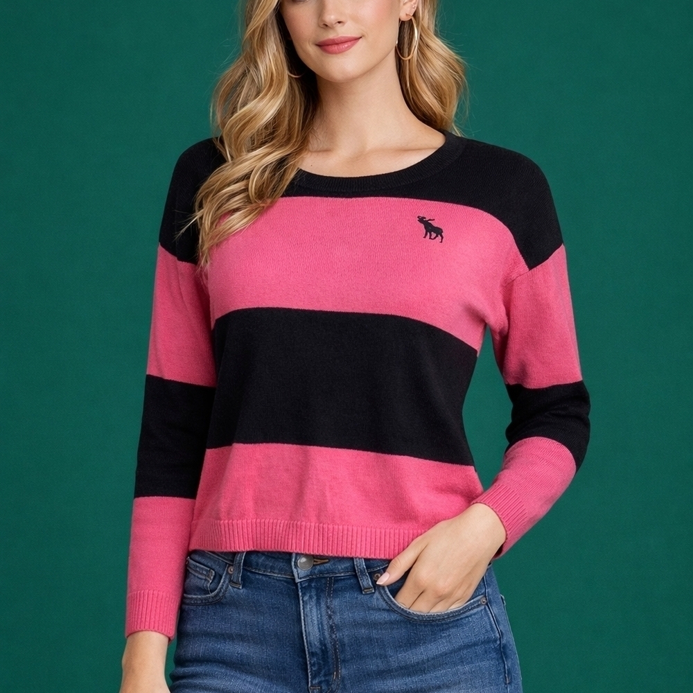 Abercrombie & FITCH Preppy Pink Color Block Varsity Cropped Bow Sweater